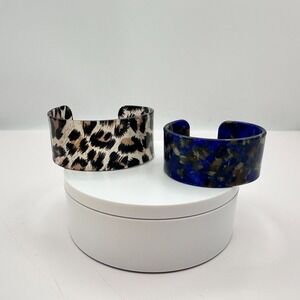 Vintage 90s Leopard Print & Blue Tortoise Cuff Bracelets Set Fashion Jewelry